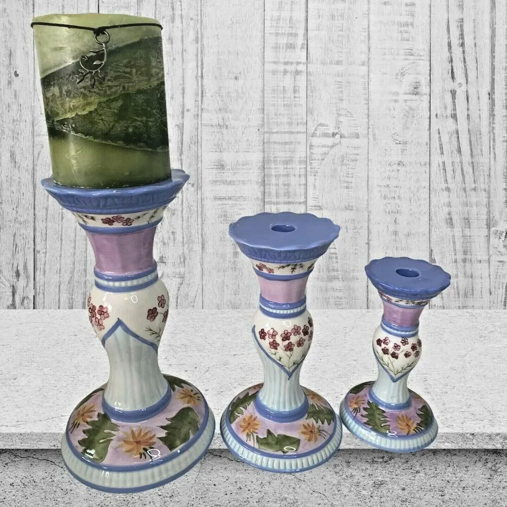 Capriware 3-Piece Pillar Candleholder Set Blue Purple Floral Hand Painted VTG